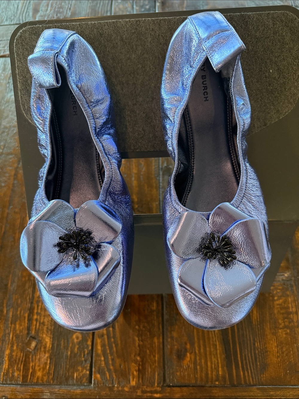 Tory Burch Metallic Purple-Blue Flower Ballet Flats